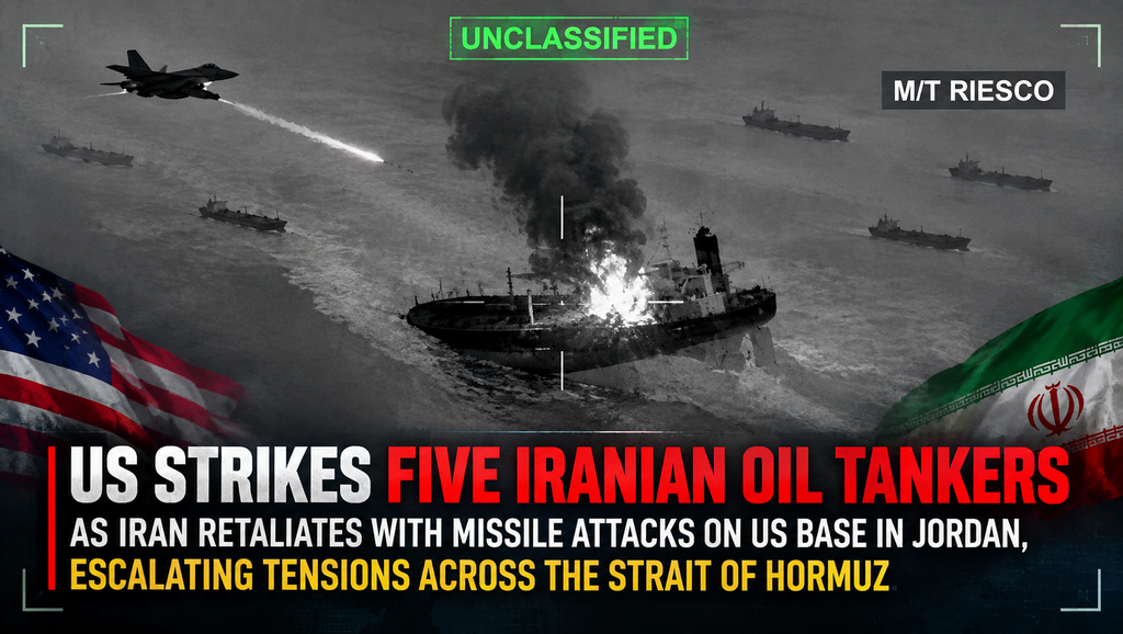 US strikes five Iranian oil tankers as Iran retaliates with missile attacks on a US base in Jordan, escalating tensions across the Strait of Hormuz.